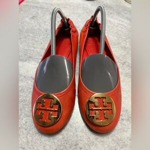Tory Burch Orange Leather Reva Round Toe Ballet Flats